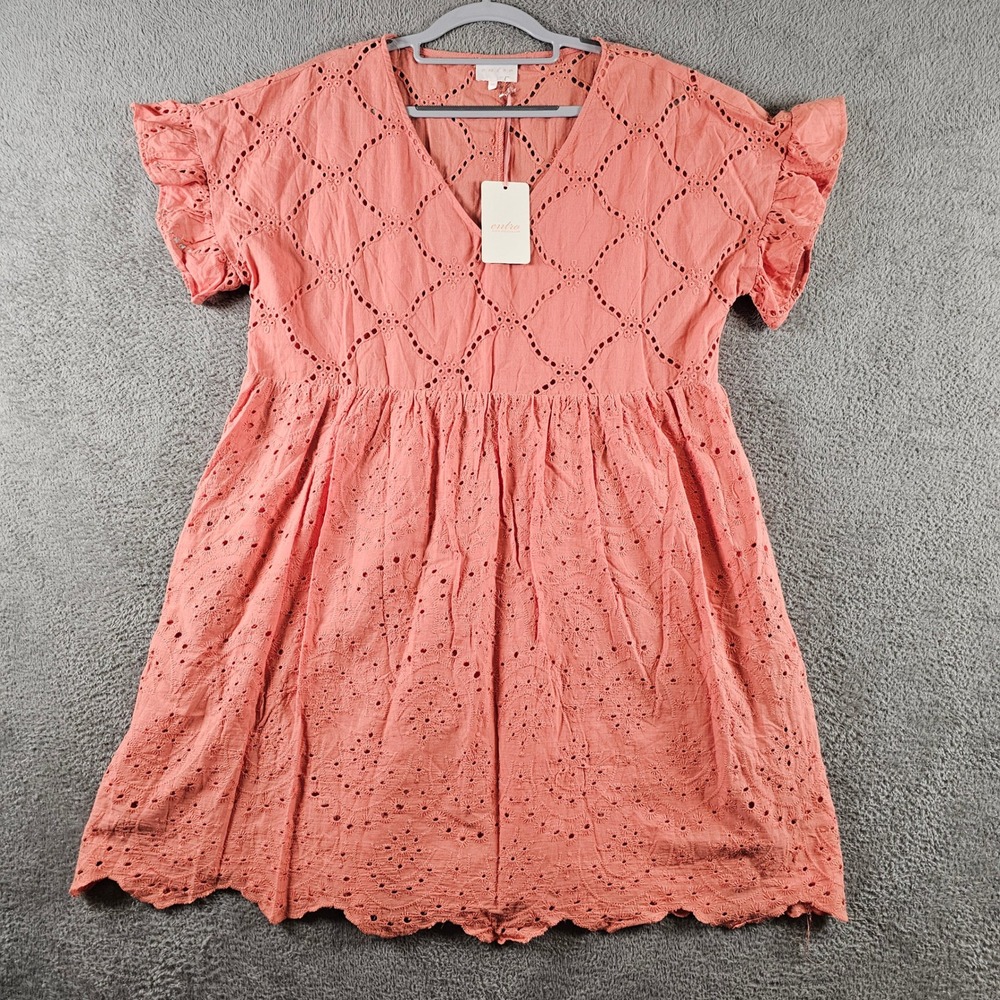 Entro Bye Eyelet Dress Salmon Pink V-Neck Ruffle Sleeve Mini M Medium NEW